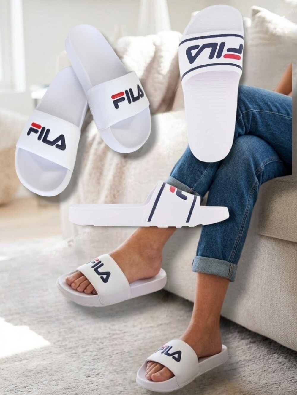 FILA Women's Drifter White Multi Pool Slide Sandals